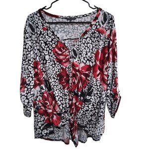 Ava & Grace Large Red Rose & Cheetah Print Knot Front Top